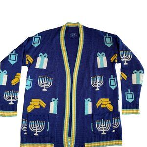 HANUKKAH Holiday Dreidel Menorah Cardigan Sweater Blue Large
